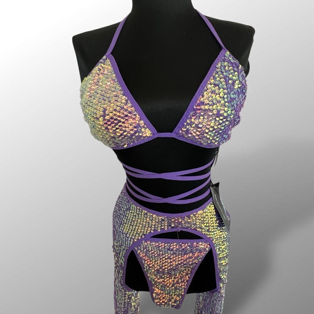 Club Exx x Dolls Kill sequin purple diva reef bikini with mega flare chaps XXL - Picture 4 of 12